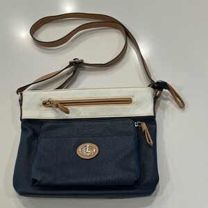 Navy and White Crossbody Bag with Tan Trim